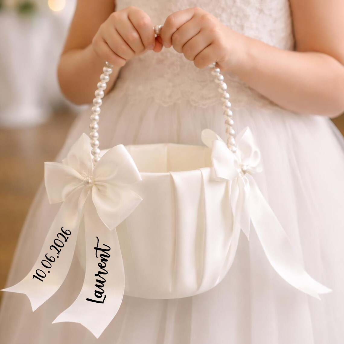 Wedding Ceremony Supply - Custom Name Flower Girl Basket White